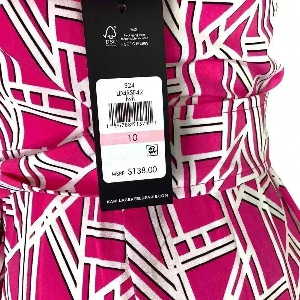 Karl Lagerfeld Logo Print Shirtdress Women 10 Pink Button Front Short Sleeve NEW - Picture 8 of 9